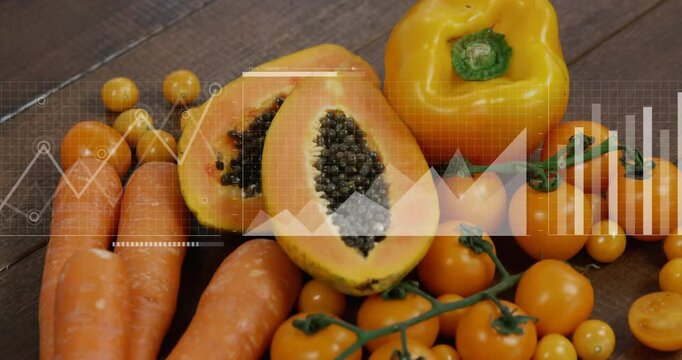 Data processing animation overlaid on papaya, carrots, and tomatoes in motion
