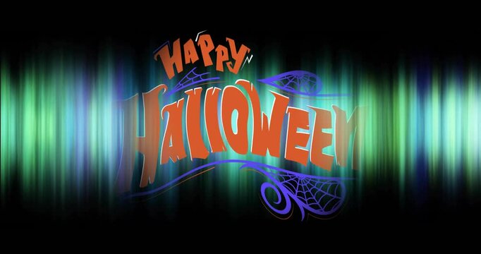 Halloween animation with ghost and spider web over colorful light streaks