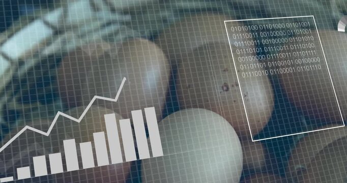 Graph and binary code animation over eggs in grid pattern