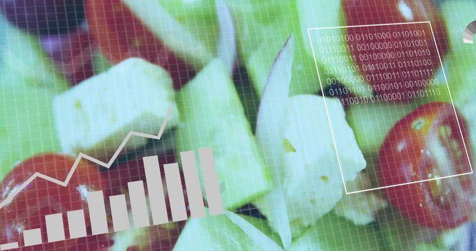Bar graph and binary code animation over fresh vegetable salad background