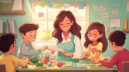 A kind female teacher spends time with her elementary school students, making learning enjoyable and fun while sparking curiosity and fostering a love for education. High quality photo