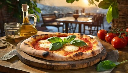 Delicious pizza margherita with fresh basil, served outdoors in a rustic Italian setting, perfect for a casual summer meal.
