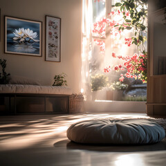 A bright room with sunlight streaming through a window, illuminating a round cushion and artwork. The scene evokes a sense of calm and tranquility