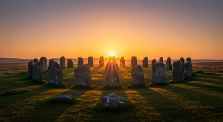 Ancient stone circle bathed in solstice sunlight evokes a sense of mystery