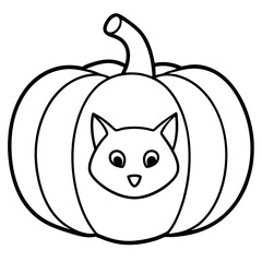 Pumpkin with a cat peeking out line art vector illustration