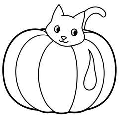 Pumpkin with a cat peeking out line art vector illustration
