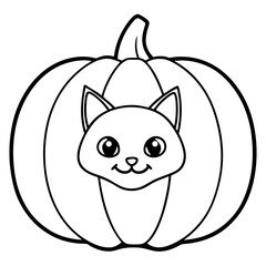 Pumpkin with a cat peeking out line art vector illustration