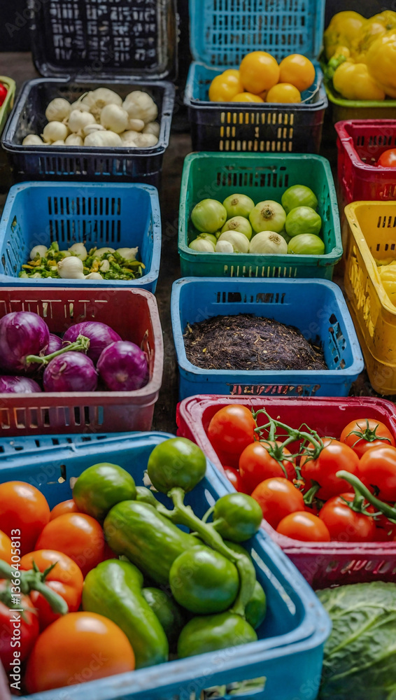 Poster assorted vegetables in colorful containers