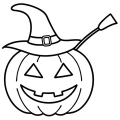 Pumpkin with a witch hat and broom line art vector illustration