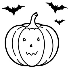 Pumpkin with bats flying out of it line art vector illustration 