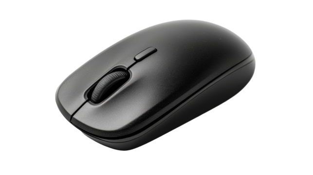 Matte black modern computer mouse, top angle view , cut out transparent