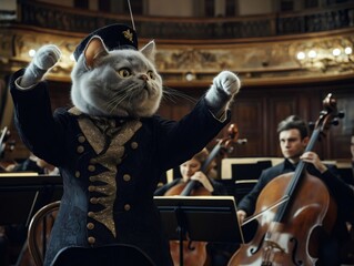 British shorthair cat conducting orchestra in concert hall. Generative ai illustrations