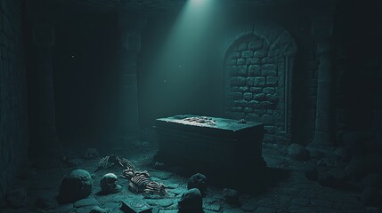 Mysterious Ancient Tomb with Sunlight Streaming In Featuring a Stone Sarcophagus and Scattered