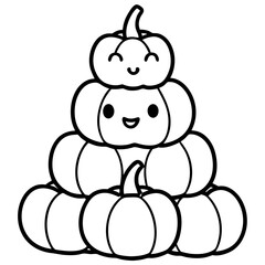 Stack of pumpkins in different expressions line art vector illustration