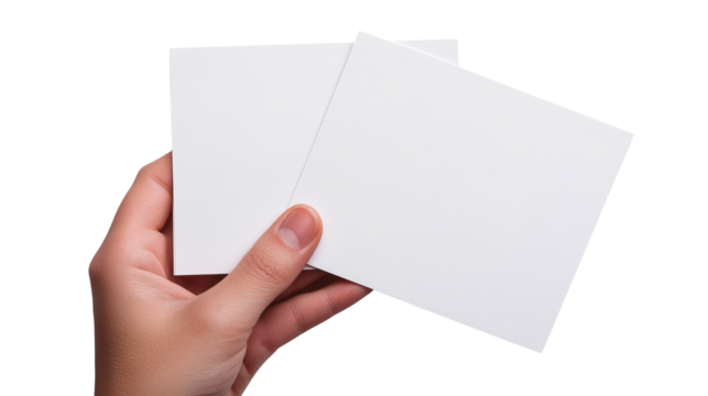 Hand holding square white blank paper, card mockups, cut out transparent