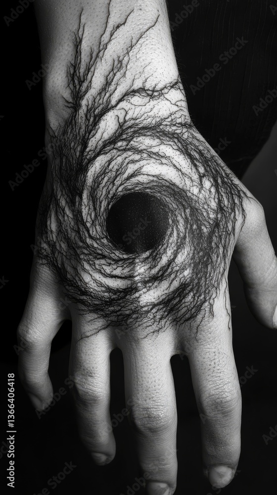 Poster dramatic hand tattoo showcasing a black hole-like design with intricate organic linework spiraling a