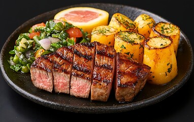 Grilled Steak, Potatoes, Salad