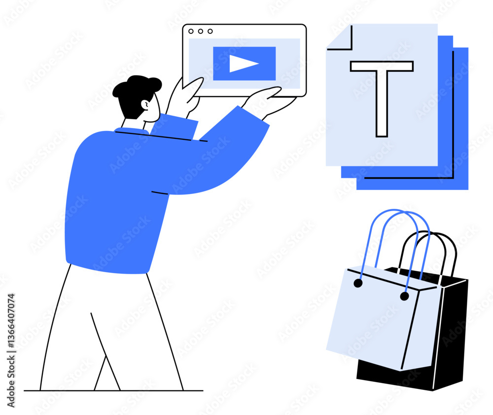 Poster man holding video player interface near stack of documents and shopping bags. ideal for digital cont
