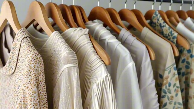 	
Clean, ironed shirts on a hanger in a store or at home in a light wardrobe. Clothing store concept for sale	
