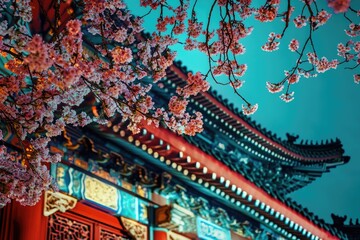 Cherry blossoms bloom over a traditional Chinese architecture.  Evening light bathes the scene in soft hues