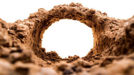 Hole in rough ground, underground passage, close-up view, cut out transparent