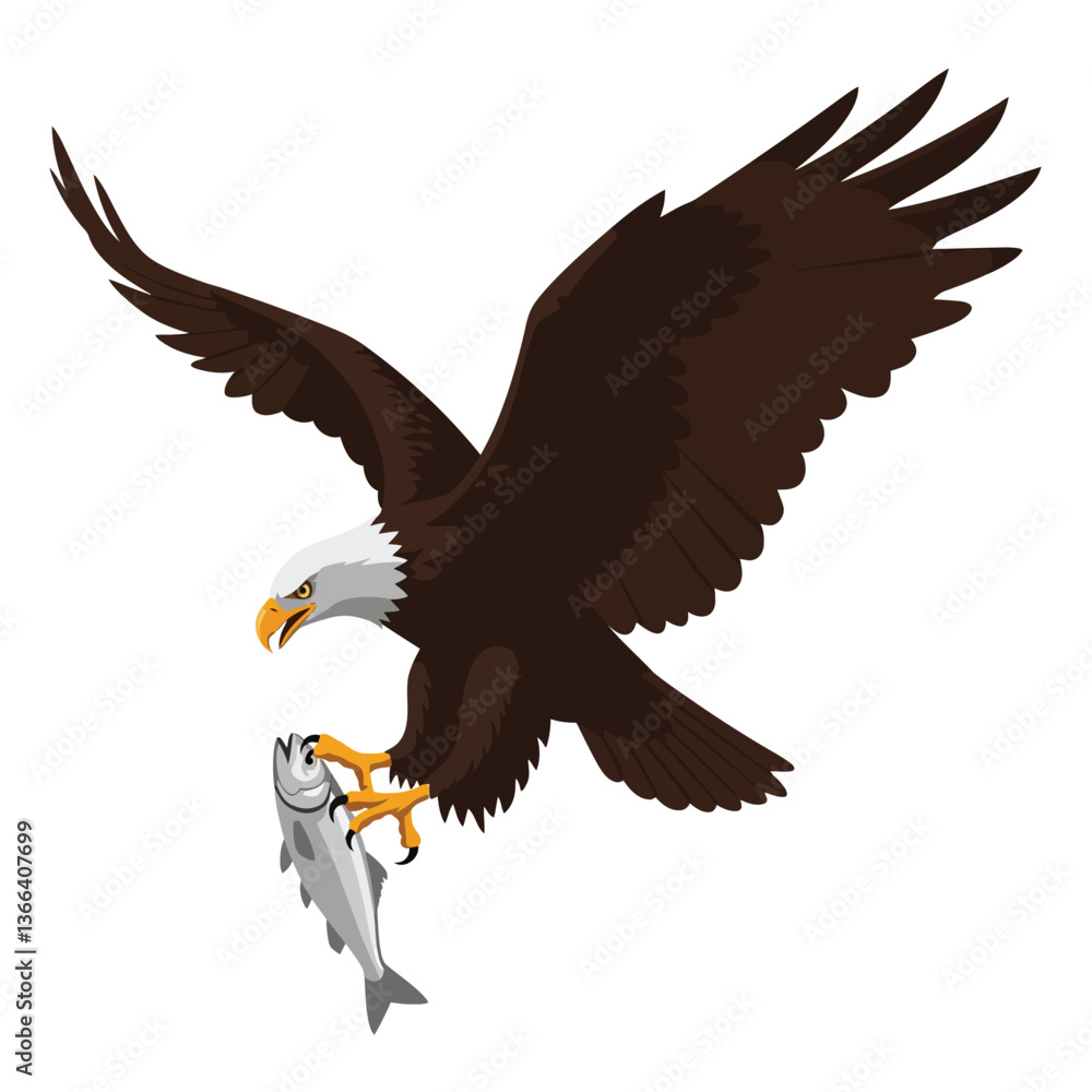 Poster majestic eagle in flight with a fish in its talons, showcasing detailed vector art with dynamic move