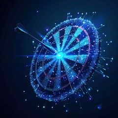 Smart goal setting, dart hit the center of dartboard glowing blue. Low polygon particle connection structure and triangle style design
