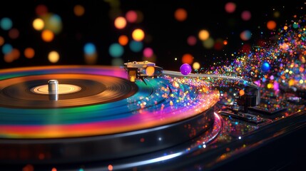 A vibrant vinyl record spinning on a turntable, surrounded by colorful bokeh lights, symbolizing retro music and a lively atmosphere.. AI Generation
