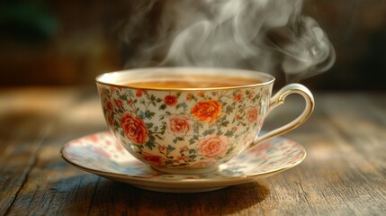 Fototapeta premium Floral Teacup, Warm Drink, Steam