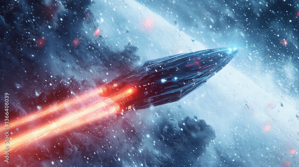 Poster a sleek spacecraft soaring through a cosmic expanse, leaving vibrant red-orange engine trails. the s