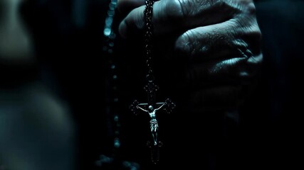 A Hand Holding a Dark Rosary in Dramatic Lighting Loop