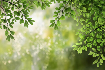 Obraz premium Green leaves frame a blurred natural background, suggesting freshness, growth, and the beauty of nature, ideal for spring or summer themes