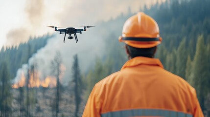 Wildfire search and rescue pilot using drones for emergency response in forest areas high-tech action aerial view