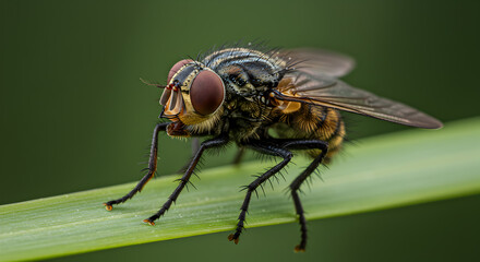Detailed close-up of a tsetse fly perched delicately on a green leaf