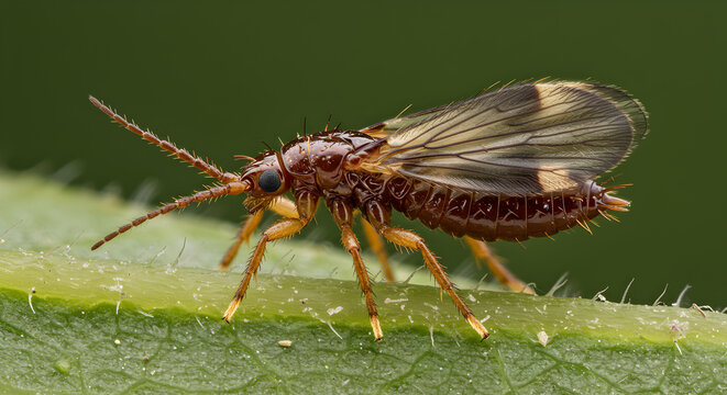 Detailed close-up of a tubulifera thrips perched on a vibrant green leaf surface