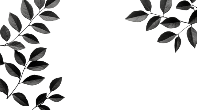 Elegant floral leaf black monochrome background, cut out transparent