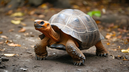 Obraz premium Giant Tortoise's slow Journey: A majestic giant tortoise makes its slow, deliberate way across the rugged terrain, showcasing the beauty of its ancient shell.