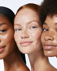 Vertical Close-Up of Three Skincare Models: black, caucasian and asian with Natural Skin Textures in a Clean, Editorial Style