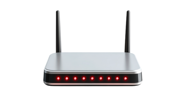 Modern gray router with antennas and red lights, cut out transparent