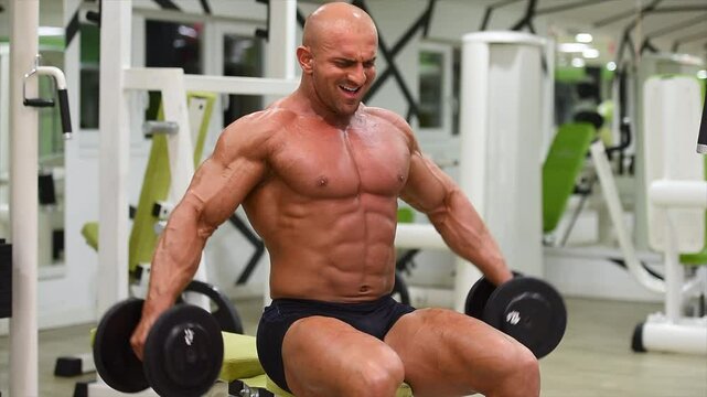 Muscular Man, Bodybuilder Lifting Weights, Performing Lateral Dumbbell Raises , exercise for shoulder Muscles