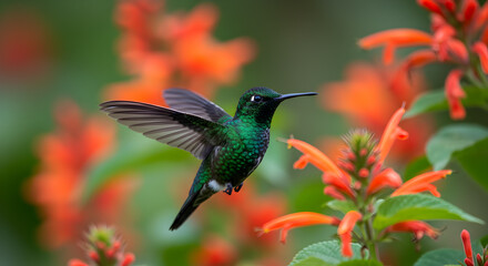 Fototapeta premium Cuban emerald hummingbird exhibiting its vibrant plumage amidst bright orange flowers
