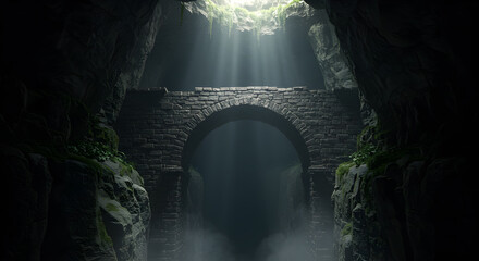 Majestic Stone Bridge Spanning a Mystical Subterranean Chasm with Light Shafts