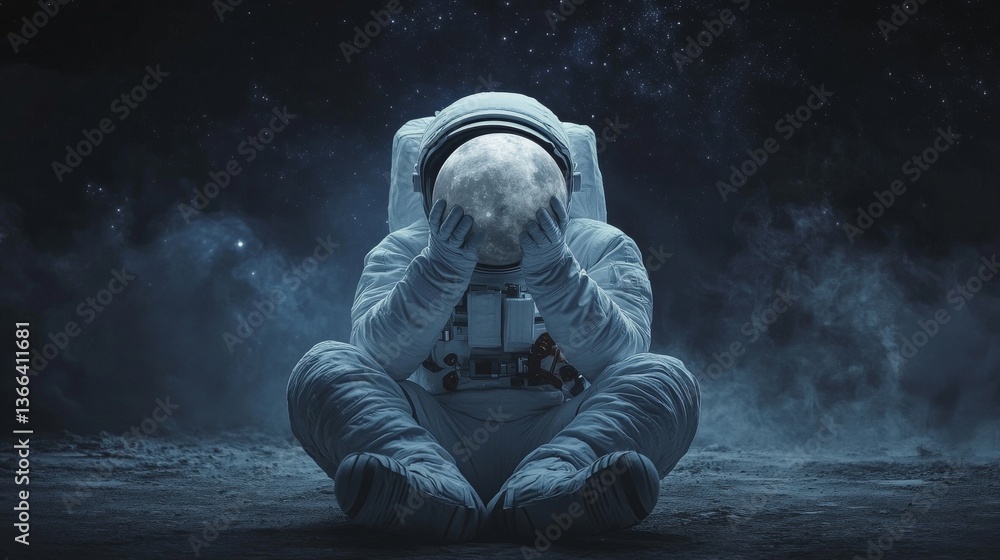 Poster a powerful surreal image of an astronaut cradling a glowing moon on a lunar surface, with a misty ga