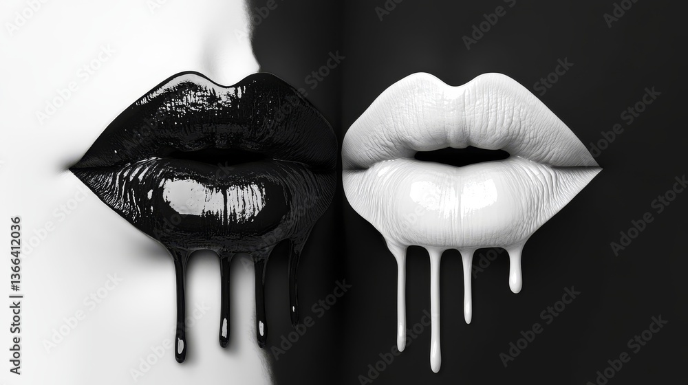 Poster bold conceptual art featuring glossy black and white lips on contrasting halves of a split backgroun