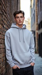 Obraz premium Confident young man in gray hoodie standing in moody urban alleyway