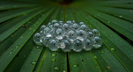 Translucent tree frog eggs clinging to the vibrant green surface of a palm frond