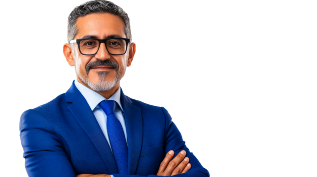 Elegant mature man in blue suit portrait, cut out transparent