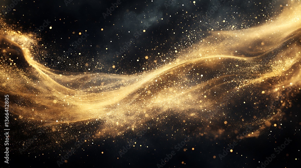 Poster elegant golden abstract background with sparkling particles and dark backdrop, shimmering festive de