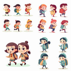 A group of children are walking and running with backpacks