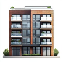 Modern urban apartment building with a sleek brick and glass facade, multiple balconies, and large windows on a white background clipart